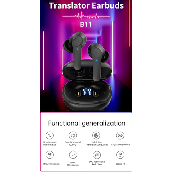 Språk-översättningshörlurar, BT5.0 TWS Brusreducerande Översättningsheadset med Digital Display, Stöder 74 Språk 70 Accenter