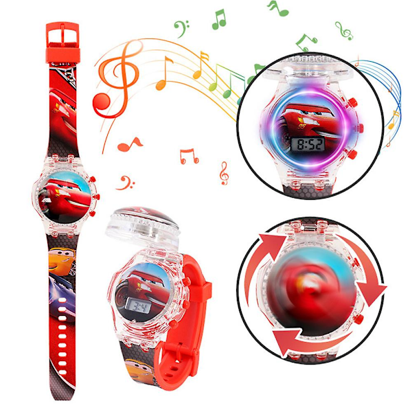 Barnklocka med tecknade figurer, blinkande ljus, lysande digitala musikklockor, snurrande topp, flip-cover armbandsur Cars