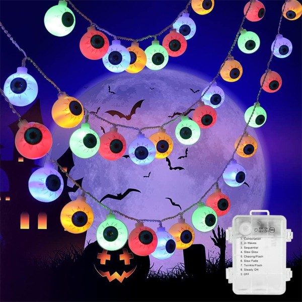 Ghost Eyeball Fairy Lights, 3m 20 Lights LED Halloween-färgade Eyeball-ljus utomhus, varmvit, batteridriven