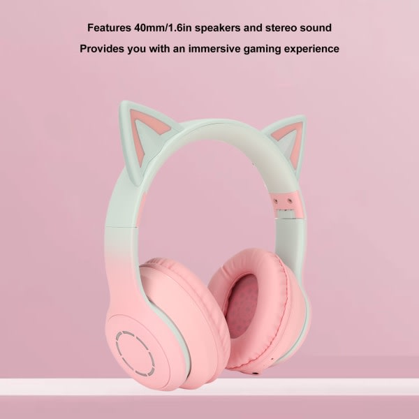 Cat Ear Bluetooth spelhörlurar Trådlöst hopfällbart musikheadset med LED-ljus Löstagbar mikrofon 3,5 mm kabel pink