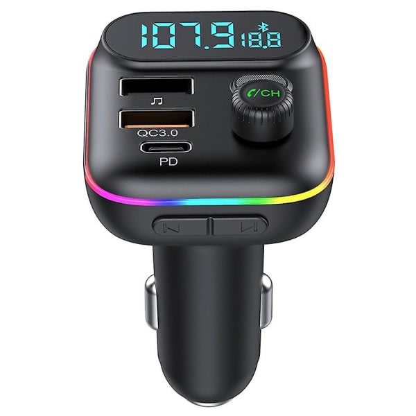 Bluetooth 5.0 bil FM-sändare med färgstarkt atmosfärsljus Mp3-spelare Typ-c Dubbel USB billaddaradapter Stöd U Disk Tf-kortingång