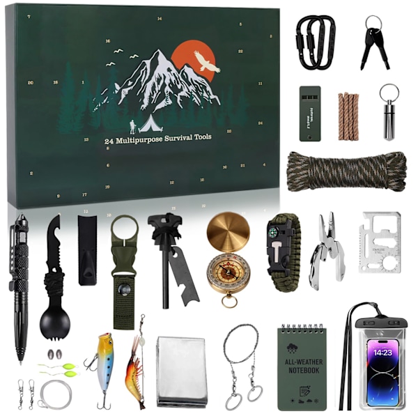 2024 New Survival Kit Advent Calendar Outdoor Blind Box Outdoor Enthusiast Christmas Blind Box Tool With Parachute Rope Flashlight For Hiking Camping