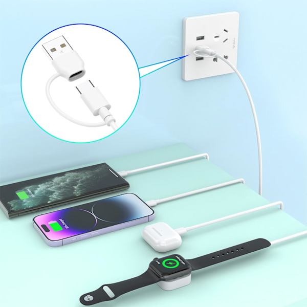 6 i 1 USB A/C-kabel för Apple Watch iPhone Laddningskabel, 3m Multiladdningskabel Kompatibel med iWatch Ultra/SE/9/8/7/6/5/4/3/2/1 & iPhone