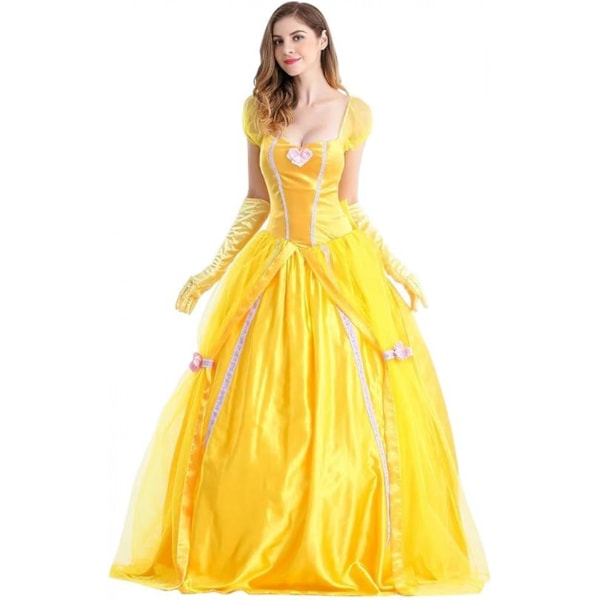 Belle Klänning Vuxen Prinsessa Kostym Fest Karneval Cosplay Performance Halloween Gul Kostym med Handskar，XXL
