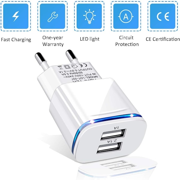 ACY USB Strømkabel Oplader, 3-Pak 2.1A 5V 2-Port Universal LED Adapter til iPhone 11 XR X XS Max 8 7
