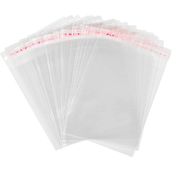 Set med 100 transparente cellofanplastposer med selvklebende lukking