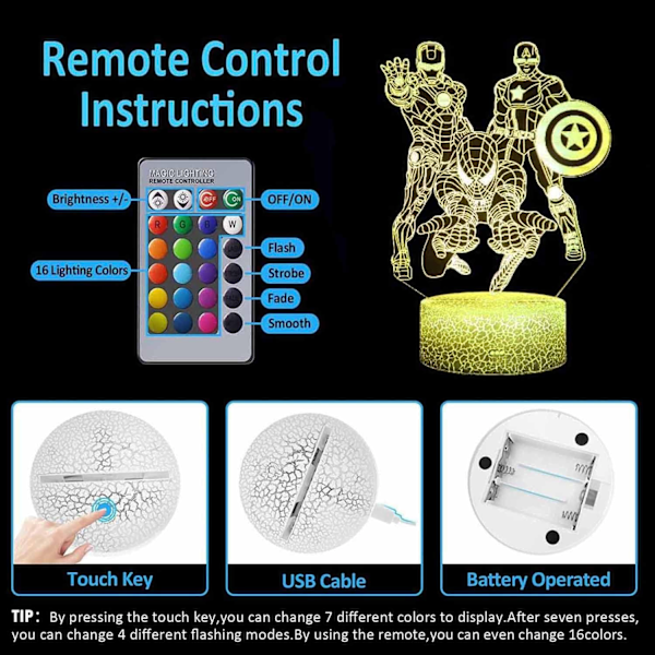 3D-Nattlampa, 3D-Illusionslampa med 16 Färgskiftande Fjärrkontroll, USB-Portabel Touch LED-Nattlampa, Julgåva Födelsedagspresent till Barn hjältar
