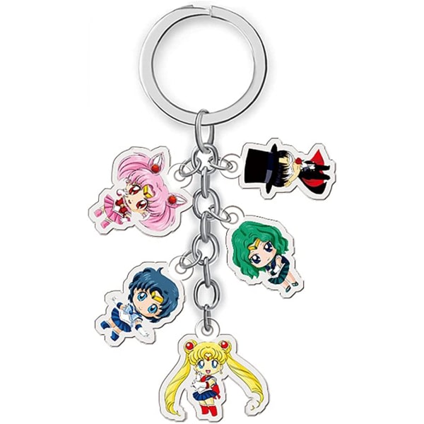 Paket med 2 Sailor Moon Nyckelring Anime Söt hänge Tillbehör Prydnadsföremål för flickor, fem tecken hängande nyckelring, A067