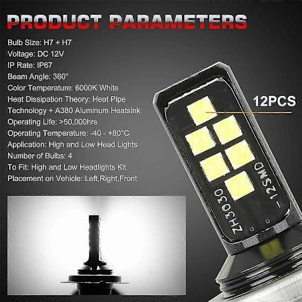 2kpl Uudet H7 LED-polttimot Sarja Korkea Matala Kirkkaus W 60000lm 6000k