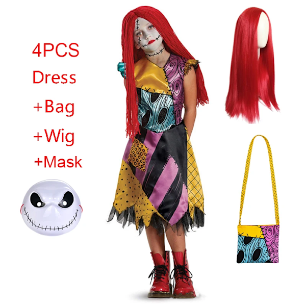 Painajainen Ennen Joulua Horro Sally Cosplay-asu Vauvoille Tytöille Halloween-naamiaiset Jack Skellington -mekko Lapselle Peruukki Wig 100(2T)