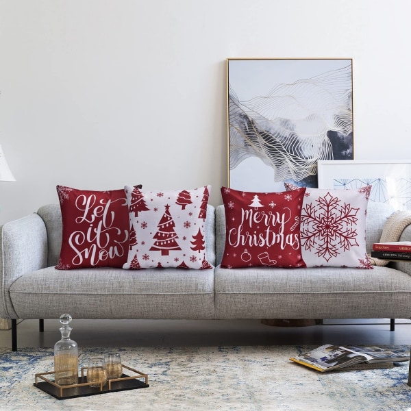 4 kpl joulu tyynyliina joulu elementti tyylit kuvio koristeellinen tyynyliina puuvilla pellava tyynyliinat (45 x 45 cm, punainen joulu)