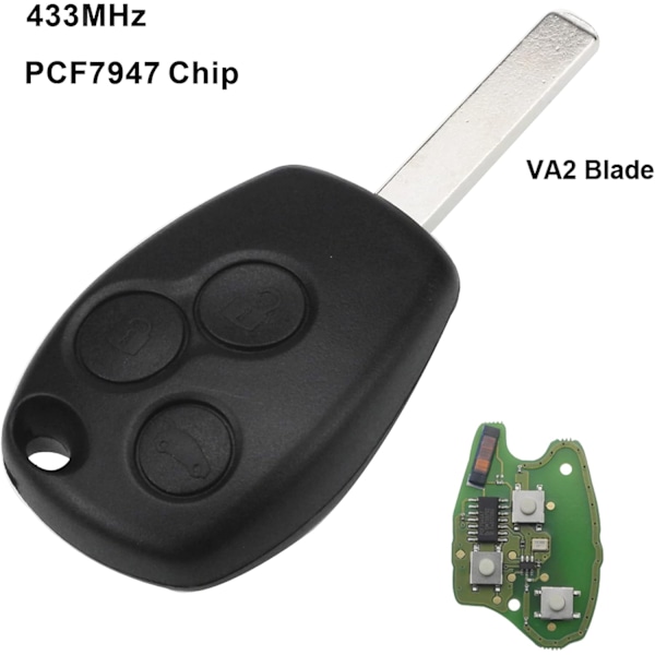 Uskåret nøkkel 3 knapper 433 MHz fjernkontroll bilnøkkelring for Renault Trafic Vivaro Primastar Movano Dacia PCF7947 chip