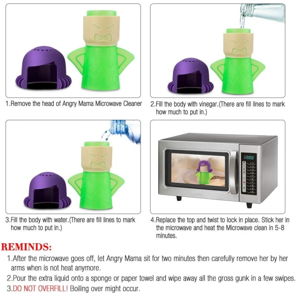 HHL Angry Mama Mikrovågsrengöring Angry Mom Mikrovågsugn Ångtvätt och desinficerar med vinäger och vatten för kök (grön)
