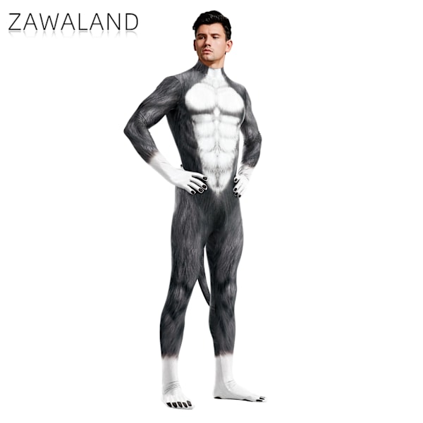 Zawaland Dyre Catsuit Par Snow Wolf Kostume med Hale Gren Lynlås Halloween Party Cosplay Outfit Forklædning Zentai Bodysuit B273-1010 B273-1010 XXXL