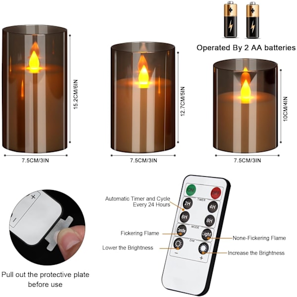 Flamlösa stearinljus Set om 3 Akrylglaspelare 3\" Diameter Batteridriven Flimrande Grått Ljus grey