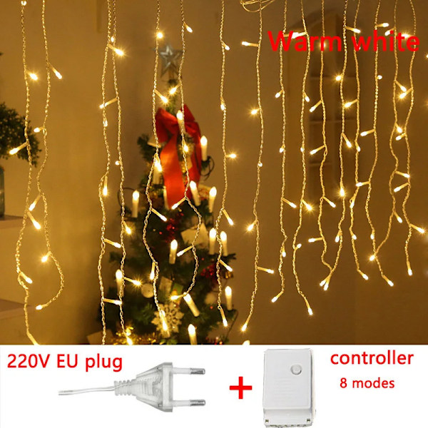 4-20M Gardin Icicle LED Strängljus Bröllopsfestlampa Semesterbelysning Juldekoration för hemmet takfot Street Dekoration 20X0.6M 500Leds 20X0.6M 500Leds EU plug Warm