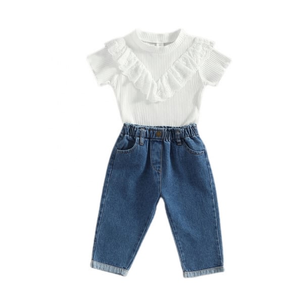 AVEKI Baby Girl Kläder Pit Stripe Spets Kortärmad Top Jeansbyxor Set --- Vit（Storlek 130）