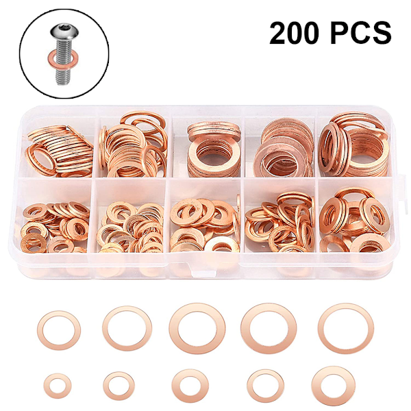 200 flat copper washers assortment set M5-M14 O-ring copper