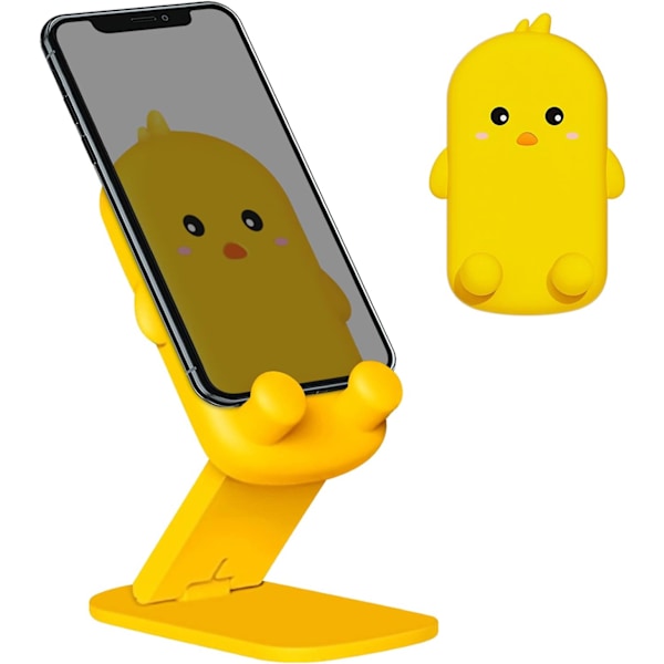Dubbelt Vikbart Mobiltelefonställ Justerbart Mobiltelefonställ för Skrivbord Silikonskydd Kompatibelt med iPhone 15 14 13 12 11 Pro Max Yellow Chick