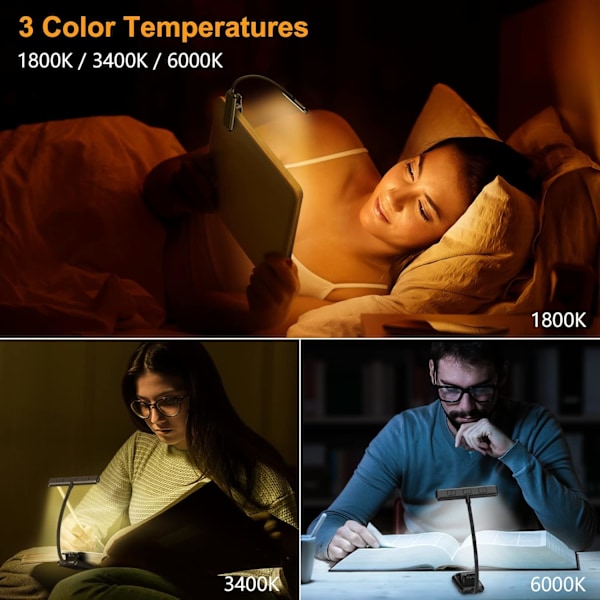 Gritin 19 LED Boglampe, Genopladelig Clip-on Læselampe, Øjenbeskyttelse, Trinløs Dæmpning, 360° Fleksibel Hals