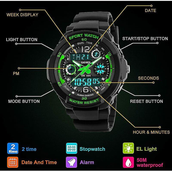 Digitala klockor för barn pojkar - 50 m vattentät utomhussport analog watch med alarm/timer/dubbel tidszon/led-ljus för barn
