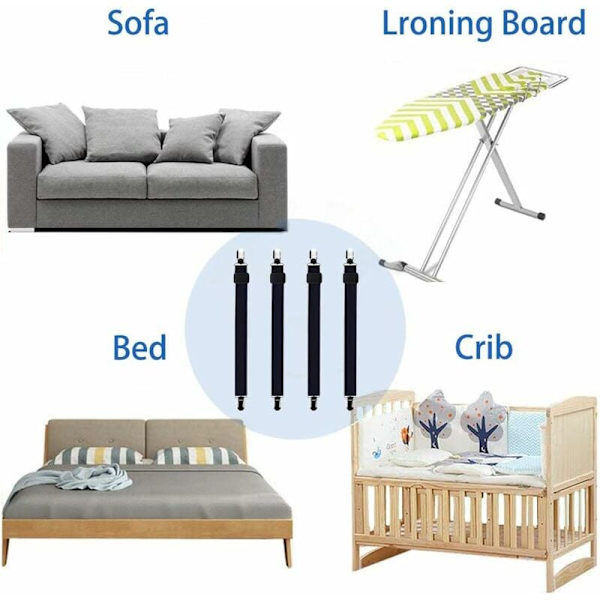 8 kpl (60 cm - 250 cm) Lakanaan kiinnitettävä kiristin, säädettävä lakanan kiristin, sopii kaikkiin sänkyihin ja patjoihin, musta