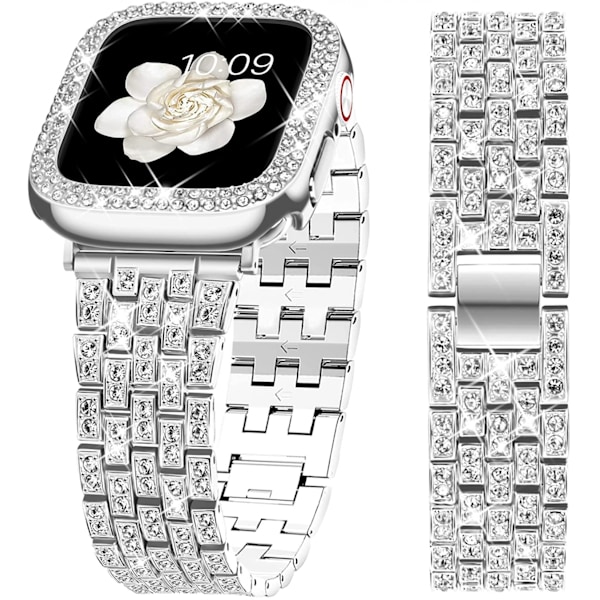 Yhteensopiva Apple Watch -ranneke kotelolla Series iwatch6/5/4/3/2/1, Bling Täysi Timantti Strassi Naiset Tytöt, Hopea (40mm)