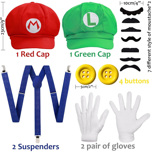 Super Mario Bros Mario og Luigi Hatter Caps Mustasjer Hansker Knapper Cosplay Kostyme