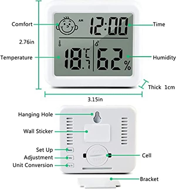 3-pack LCD digital termometer hygrometer med digital klocka för barnrum vardagsrum kontor kylskåp plus