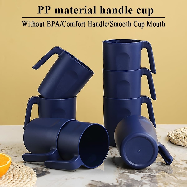 Blå Plastkaffekoppar Set om 8 x 450ml, Muggar med Handtag, Återanvändbara Vattenkoppar, Lätt att Bär