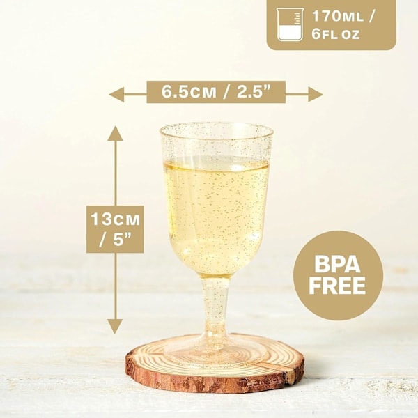 50 klare harde plastvinglass med gullglitter (170 ml) - robuste, gjenbrukbare - bursdag, bryllup, jul, nyttårsfest, fest {GKS}