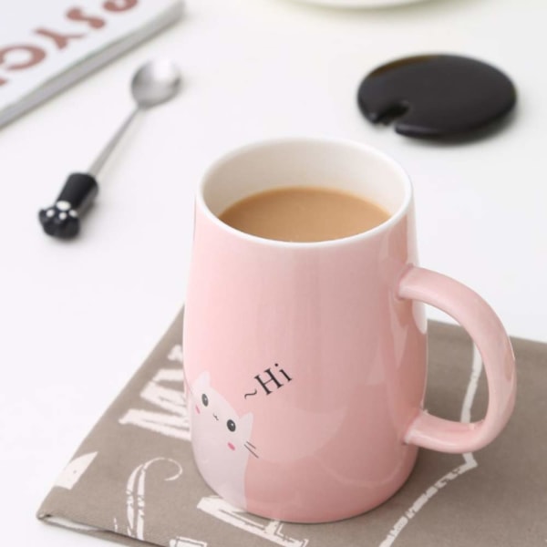 HHL Söt kattmugg Keramisk kaffemugg med Kitty rostfri stålsked, Hi~ Novelty Kaffemugg Present för kattälskare Rosa (rosa tassar färg slumpmässigt)