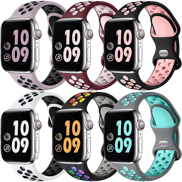 6-pakks sportsbånd kompatibelt med Apple Watch-band 44mm 45mm 42mm 41mm 40mm 38mm 49mm, pustende mykt silikon sportsbånd for Apple Watch