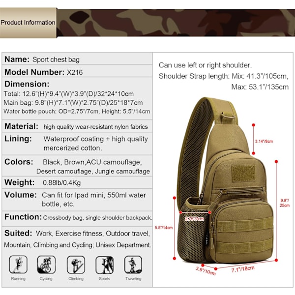Crossbody taske skulder bryst taktisk taske cykel vandreture rygsæk