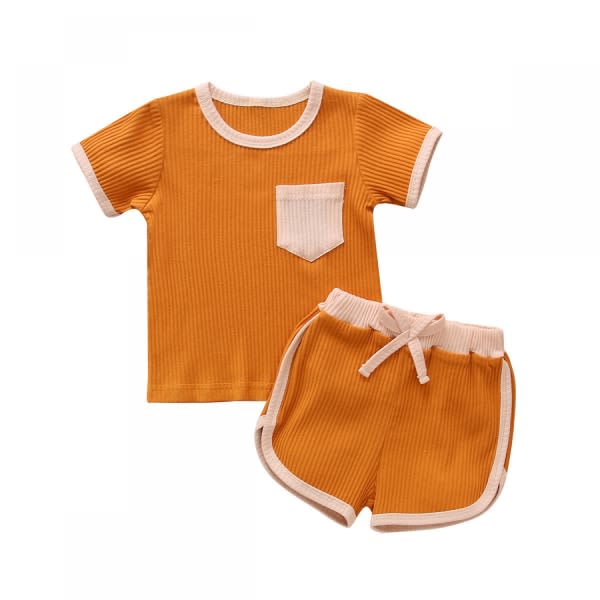 AVEKI Baby Girl Sommarkläder Paljetter Fickstickade kortärmade T-shirts Shorts Set Outfit --- Orange（Storlek 110）