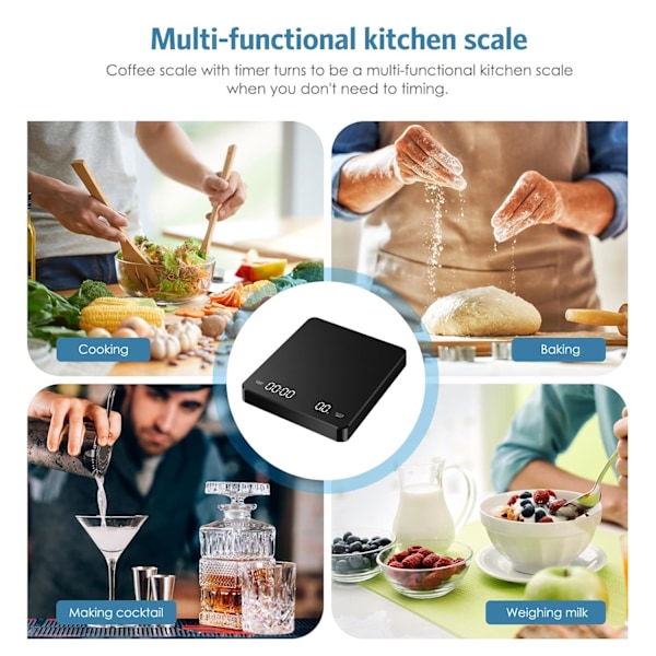 Digital kaffevåg med timer, droppkaffevåg 3kg/0.1g hög precision, uppladdningsbar portabel kaffevåg