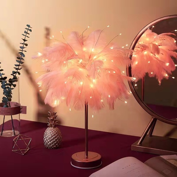 HHL Dekorativ nattlampa med LED-belysning och strutsfjädrar, bordslampa med fjärrkontroll för barnrum, flickrum, USB och batteridriven (rosa)