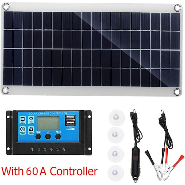 300W 12V solcellepanel, solcellepanelsett, batteriladesett med 60A solcellelader for bobil, båt, utendørs, hage, belysning