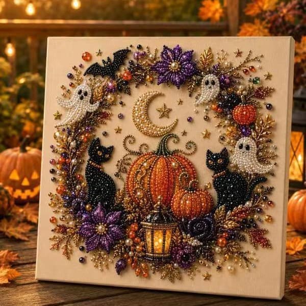 Halloween Korp Pumpa Diamantmålningskit, DIY 5D Pärlkonst med Försträckt Ram och Kompletta Verktyg E