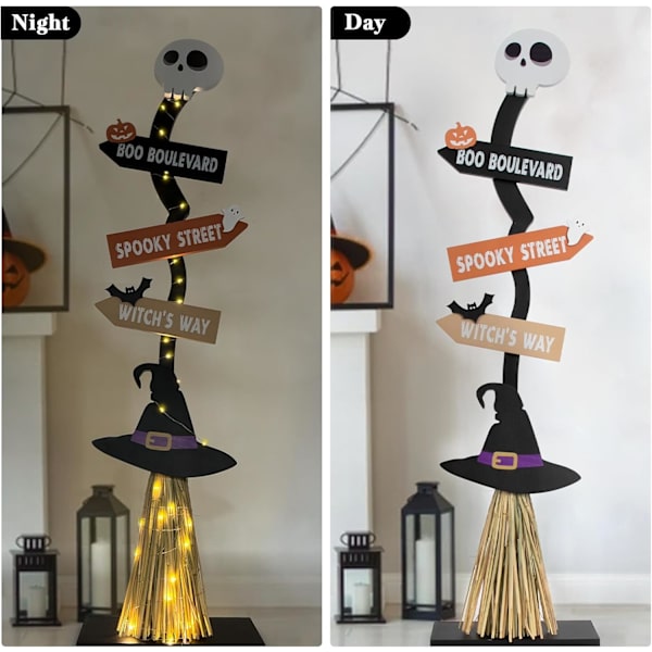 DAZONGE Halloween Dekorationer - Lyste Halloween Træheksens Kost til Indendørs Udendørs Veranda Have Dekoration - Spooky Lys