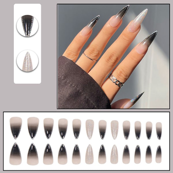 Paketet innehåller 24 stiletto-naglar för långa svarta gradientnaglar.
