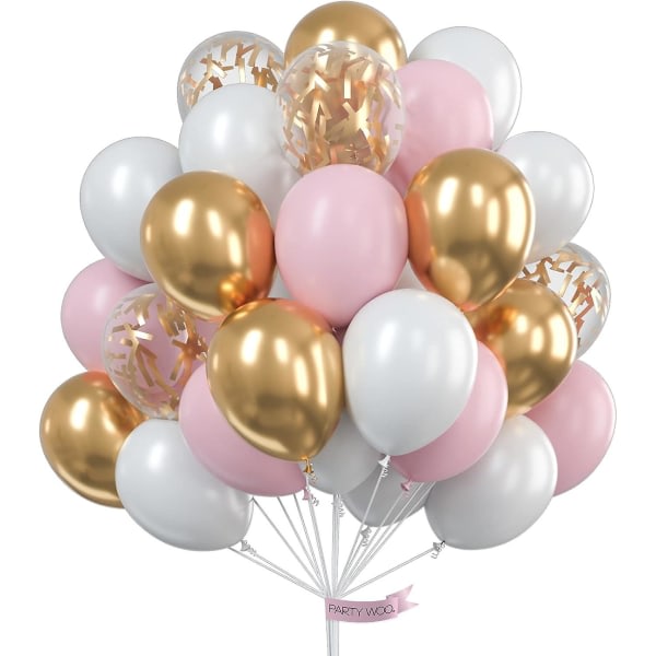 Rosa och guldballonger, 60 st rosa ballonger, metallballonger, guldkonfettiballonger, vita ballonger, festballonger, latexballonger
