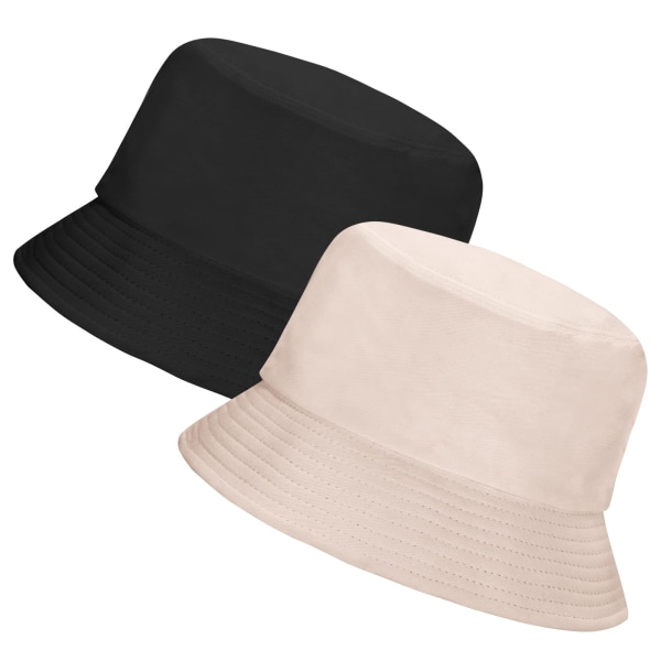 HHL 2-pack bucket hattar dam mäns sommarresor Strandsolhattar Utomhushattar Unisex bucket hattar (svart & beige)