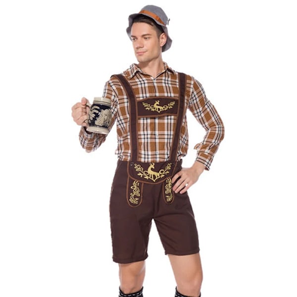 Aikuisten pariskunnan Oktoberfest-asu, Lederhosen-haalarit, paraati, tavernan baarimikko, tarjoilija, cosplay, karnevaali, Halloween-juhlamekko, miehet But L