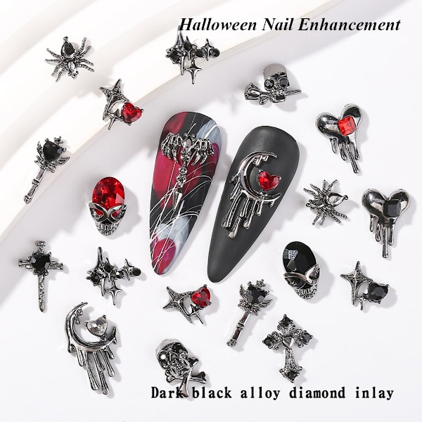 Halloween Negle Charms til Akryl Negle 16PCS 3D Legering Edderkop Kranie Halloween Charms til Negle Dekoration Halloween Negle Tilbehør