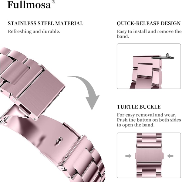 Watch för watch, 20 mm metallremmar med snabbspänne lämpligt för kvinnor och män (rosapulver)