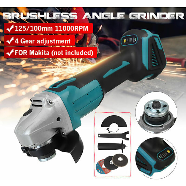 Akkukulmahiomakone 125 mm 18 V 4 nopeutta Makita-akulle + tarvikkeet (vain kone)