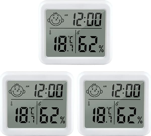 3-pack LCD digital termometer hygrometer med digital klocka för barnrum vardagsrum kontor kylskåp plus