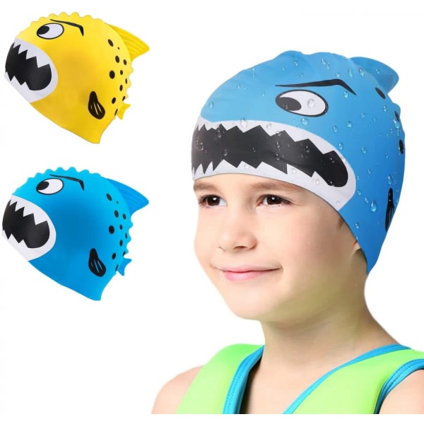 Cap Barn-2-pack Silikon Roliga Badmössor för flickor och pojkar, Barnsimhattar med tecknade hajar &amp; Minnows design