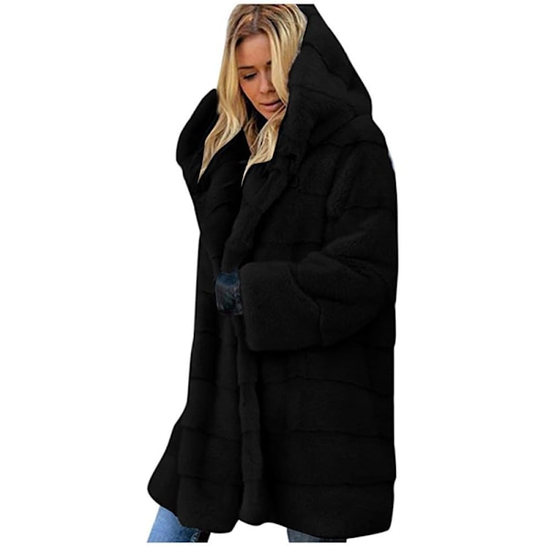 Damefrakke med pels hætte Plus Size Lang Cardigan Vinterjakke Vinter Varm Faux Fur Frakke (XL)